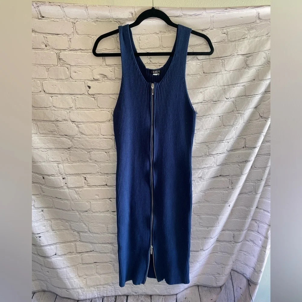 5/$20 Women’s Venus Thick Strapped Ribbed Midi Zipper Dress Navy Blue Size Large